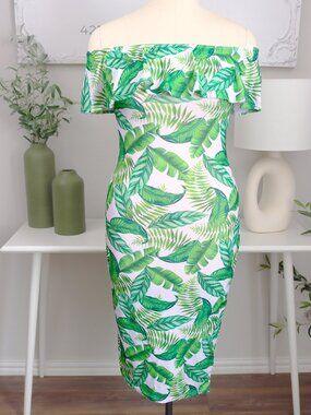 Green Palm Print Bardot Ruffle Bodycon Midi Dress - Missguided